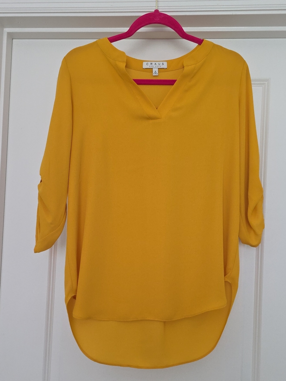 Chaus Women's Deep Yellow V-Neck Roll-3/4 Sleeve Blouse